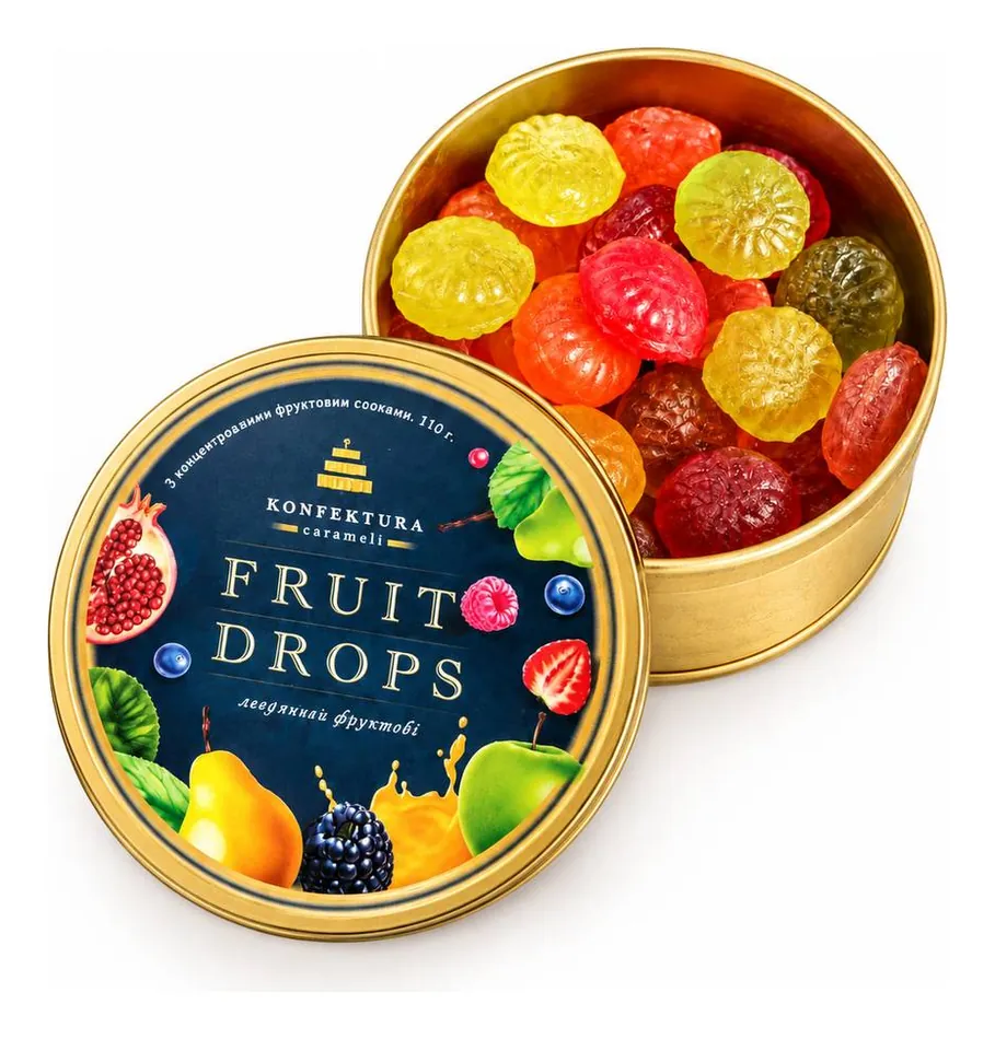 Золота баночка Fruit Drops 110 г із фруктовими льодяниками